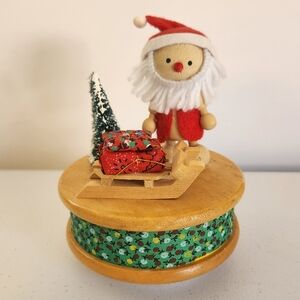 Vintage Wind Up Musical Christmas Decoration MCM Painted Wood Santa Claus